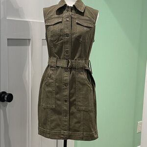 VENUS Olive Green Twill Utility Sleeveless Belted Dress. Size 8